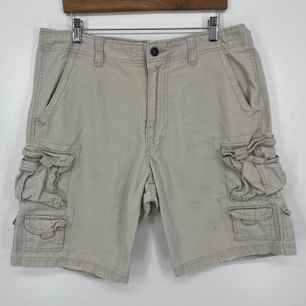 Plugg Mens Khaki Cotton Canvas Cargo Shorts Size 34 Utility Pockets Rugged Y2K